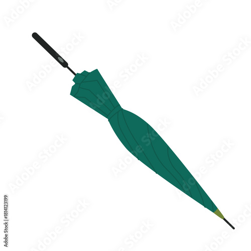 Folded dark green umbrella with handle, male fashion accessory vector illustration
