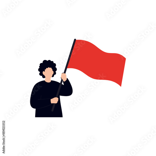 Waving red flag aloft determined stance