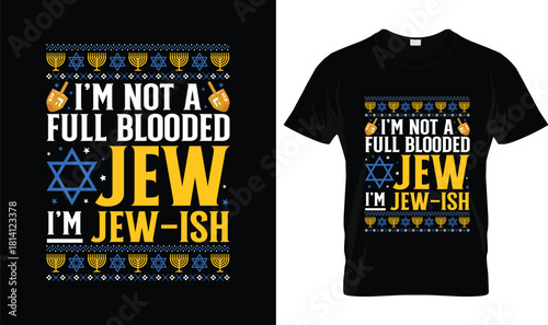 Funny I’m Jew-Ish Hanukkah T-Shirt – Jewish Holiday Menorah & Dreidel Ugly Sweater Tee