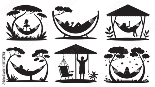 Set of hammock silhouette illustrations people relaxing in hammocks under trees and canopies vector design for vacation and leisure concepts