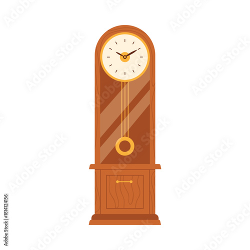 Old wooden grandfather clock with round dial under glass, hanging pendulum vector illustration