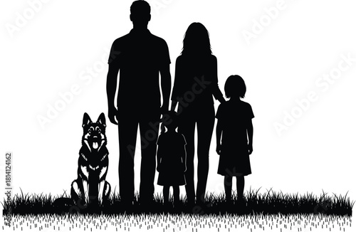 Family silhouette vector with parents, two children, and dog standing on grass, ideal for unity, lifestyle, love, nature, and pet themes