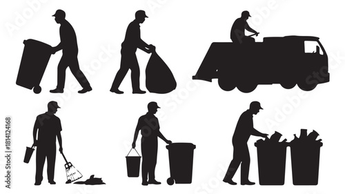 Silhouette collection of sanitation workers vector illustration of garbage men at work isolated on white background