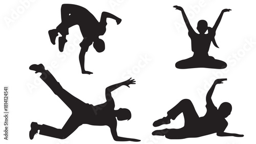 Set of silhouette figures in various yoga and breakdance poses vector illustration for fitness and dance concepts isolated on white background