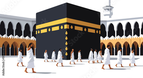 Pilgrims in ihram performing Tawaf around the Kaaba in Masjid al-Haram. Ideal for Islamic education, Hajj guides, Umrah content, travel visuals, and spiritual illustrations