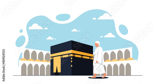 Pilgrims in ihram performing Tawaf around the Kaaba in Masjid al-Haram. Ideal for Islamic education, Hajj guides, Umrah content, travel visuals, and spiritual illustrations