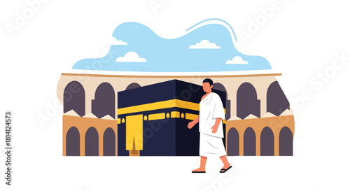 Pilgrims in ihram performing Tawaf around the Kaaba in Masjid al-Haram. Ideal for Islamic education, Hajj guides, Umrah content, travel visuals, and spiritual illustrations