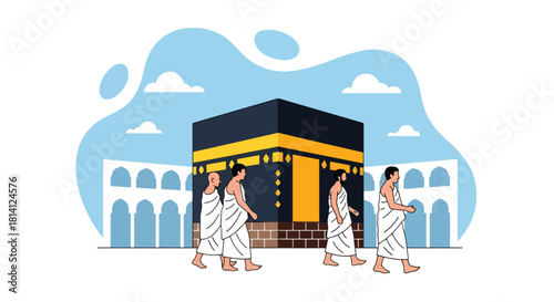 Pilgrims in ihram performing Tawaf around the Kaaba in Masjid al-Haram. Ideal for Islamic education, Hajj guides, Umrah content, travel visuals, and spiritual illustrations