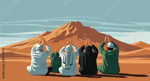 Pilgrims performing Wuquf at Arafat, raising hands in prayer on Hajj day. Ideal for Islamic education, pilgrimage themes, spirituality visuals, and worship illustrations