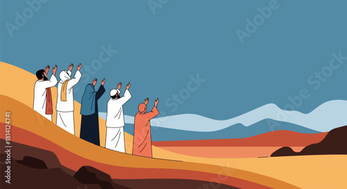 Pilgrims performing Wuquf at Arafat, raising hands in prayer on Hajj day. Ideal for Islamic education, pilgrimage themes, spirituality visuals, and worship illustrations