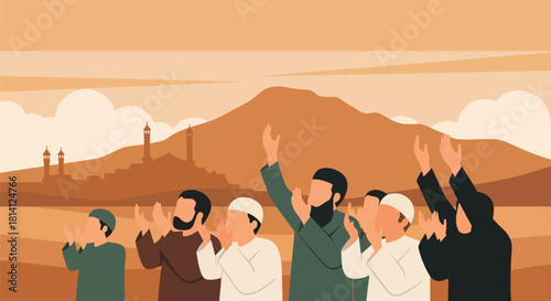 Pilgrims performing Wuquf at Arafat, raising hands in prayer on Hajj day. Ideal for Islamic education, pilgrimage themes, spirituality visuals, and worship illustrations