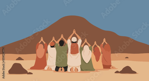 Pilgrims performing Wuquf at Arafat, raising hands in prayer on Hajj day. Ideal for Islamic education, pilgrimage themes, spirituality visuals, and worship illustrations
