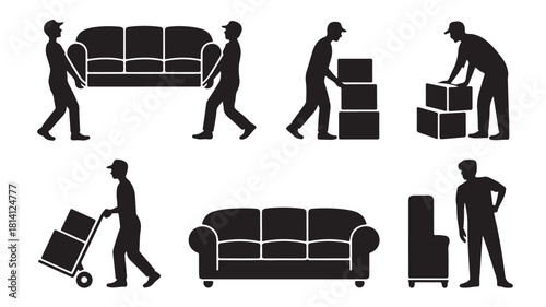 Moving service vector icons illustration of movers carrying furniture and boxes isolated on white background