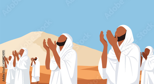 Pilgrims performing Wuquf at Arafat, raising hands in prayer on Hajj day. Ideal for Islamic education, pilgrimage themes, spirituality visuals, and worship illustrations