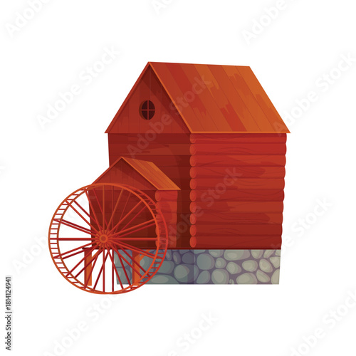 Old wooden and stone water mill building with wheel to grind wheat grains into flour vector illustration