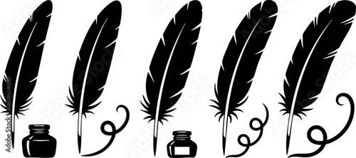 Feather quills with ink pots vintage writing tools elegant calligraphy supplies vector illustration