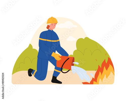 Woman in firefighters uniform and helmet extinguishing fire with water from bucket vector illustration