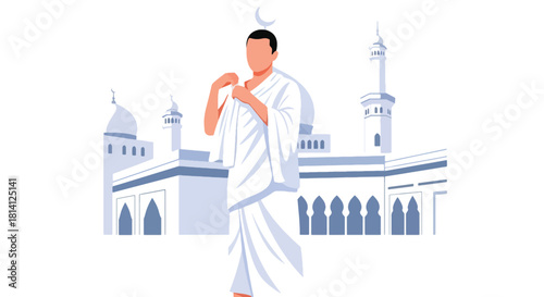Muslim man adjusting his ihram at miqat before starting Hajj. Ideal for pilgrimage guides, Islamic education content, travel visuals, and ritual explanation designs