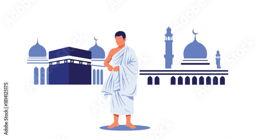Muslim man adjusting his ihram at miqat before starting Hajj. Ideal for pilgrimage guides, Islamic education content, travel visuals, and ritual explanation designs