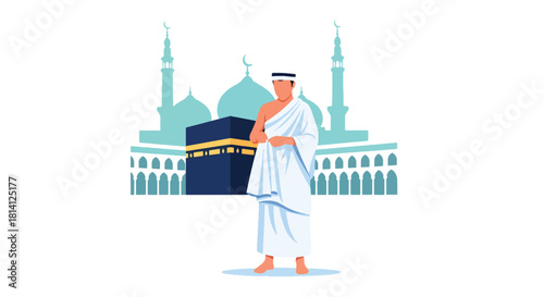 Muslim man adjusting his ihram at miqat before starting Hajj. Ideal for pilgrimage guides, Islamic education content, travel visuals, and ritual explanation designs