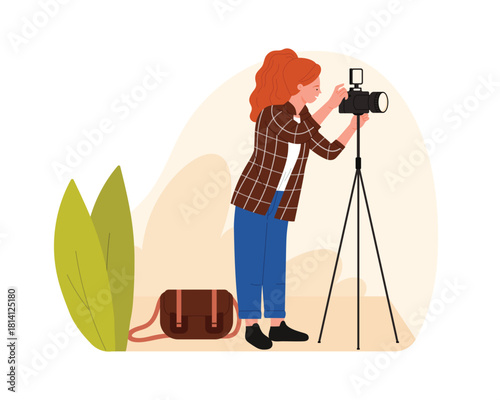 Woman making photo, photographer with professional camera on tripod vector illustration