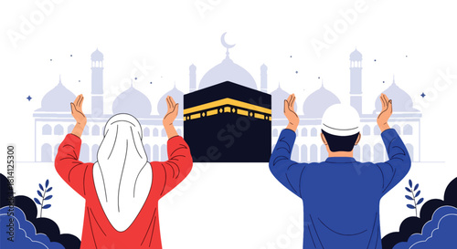 Pilgrims raising hands in dua facing the Kaaba during Umrah. Ideal for spiritual content, Islamic education, worship illustrations, and pilgrimage themes