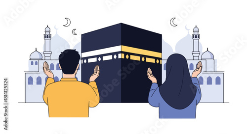 Pilgrims raising hands in dua facing the Kaaba during Umrah. Ideal for spiritual content, Islamic education, worship illustrations, and pilgrimage themes