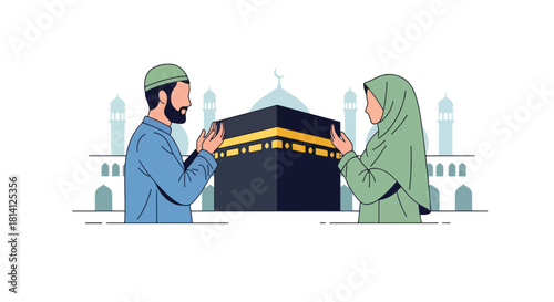 Pilgrims raising hands in dua facing the Kaaba during Umrah. Ideal for spiritual content, Islamic education, worship illustrations, and pilgrimage themes