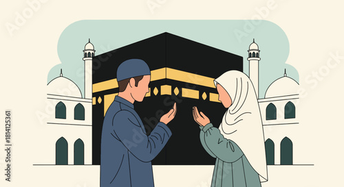 Pilgrims raising hands in dua facing the Kaaba during Umrah. Ideal for spiritual content, Islamic education, worship illustrations, and pilgrimage themes