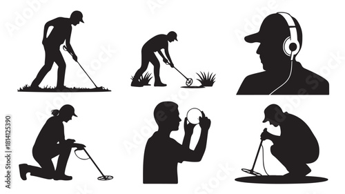Set of metal detecting silhouette illustrations vector design of treasure hunting with headphones isolated on white background