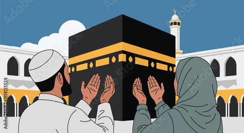 Pilgrims raising hands in dua facing the Kaaba during Umrah. Ideal for spiritual content, Islamic education, worship illustrations, and pilgrimage themes