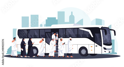 Pilgrims in ihram boarding a Hajj transport bus for their journey. Ideal for travel guides, pilgrimage logistics illustrations, and Islamic educational content