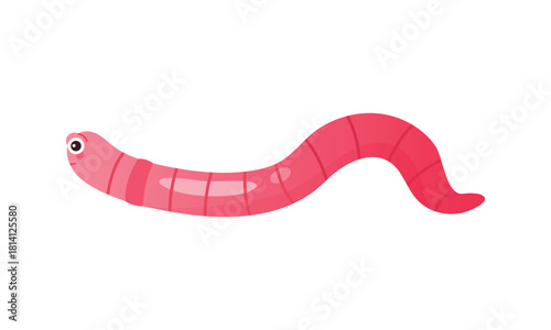 Cute pink worm crawling to left in compost, insect larva bending vector illustration
