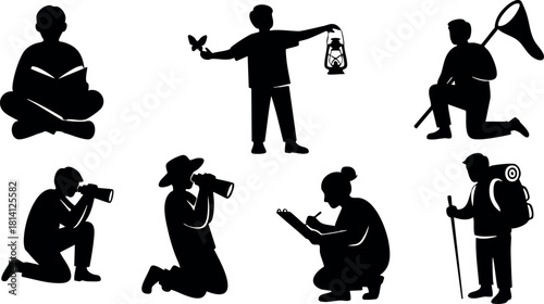 Silhouette people reading holding lantern taking photos hiking with backpack and net vector illustration