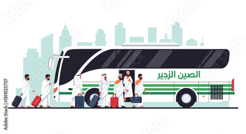 Pilgrims in ihram boarding a Hajj transport bus for their journey. Ideal for travel guides, pilgrimage logistics illustrations, and Islamic educational content