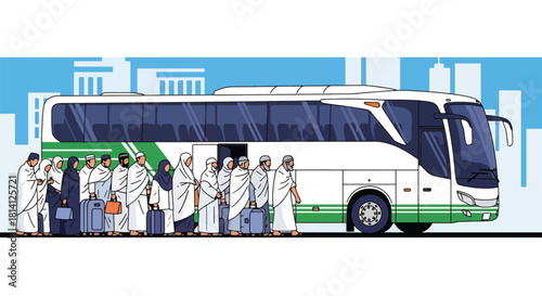 Pilgrims in ihram boarding a Hajj transport bus for their journey. Ideal for travel guides, pilgrimage logistics illustrations, and Islamic educational content