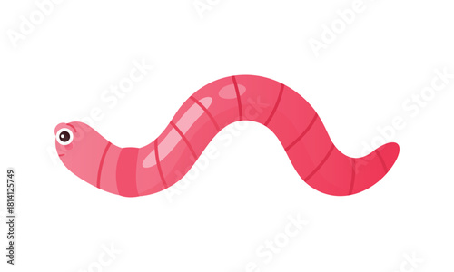 Cute pink worm crawling with curve motion, funny little earthworm with eyes vector illustration