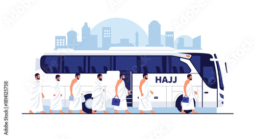 Pilgrims in ihram boarding a Hajj transport bus for their journey. Ideal for travel guides, pilgrimage logistics illustrations, and Islamic educational content