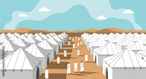 Rows of white tents in Mina with pilgrims walking between pathways. Ideal for Hajj logistics visuals, pilgrimage education, and Islamic travel illustrations