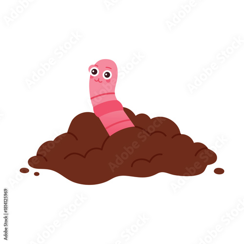 Cute pink worm crawling in pile of garden soil, shy earthworm hiding vector illustration