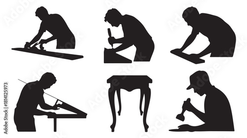 Silhouettes of woodworkers crafting furniture vector illustration of carpentry and woodworking isolated on white background