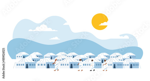 Rows of white tents in Mina with pilgrims walking between pathways. Ideal for Hajj logistics visuals, pilgrimage education, and Islamic travel illustrations