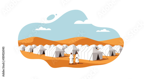 Rows of white tents in Mina with pilgrims walking between pathways. Ideal for Hajj logistics visuals, pilgrimage education, and Islamic travel illustrations