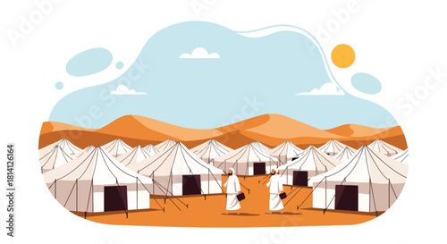 Rows of white tents in Mina with pilgrims walking between pathways. Ideal for Hajj logistics visuals, pilgrimage education, and Islamic travel illustrations