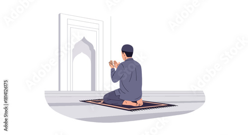 Muslim pilgrim praying inside mosque with soft minimal architecture. Ideal for worship visuals, Islamic education, prayer themes, and spiritual lifestyle designs