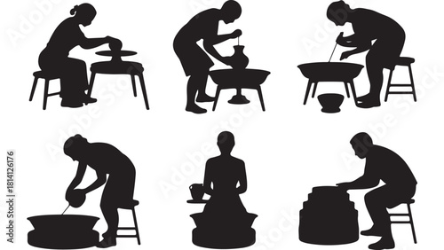 Set of pottery making silhouettes vector illustration of a woman shaping clay isolated on white background