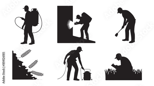 Pest control service vector icons silhouette set of exterminators spraying pesticides isolated on white background