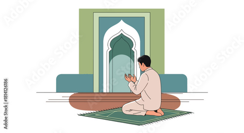 Muslim pilgrim praying inside mosque with soft minimal architecture. Ideal for worship visuals, Islamic education, prayer themes, and spiritual lifestyle designs