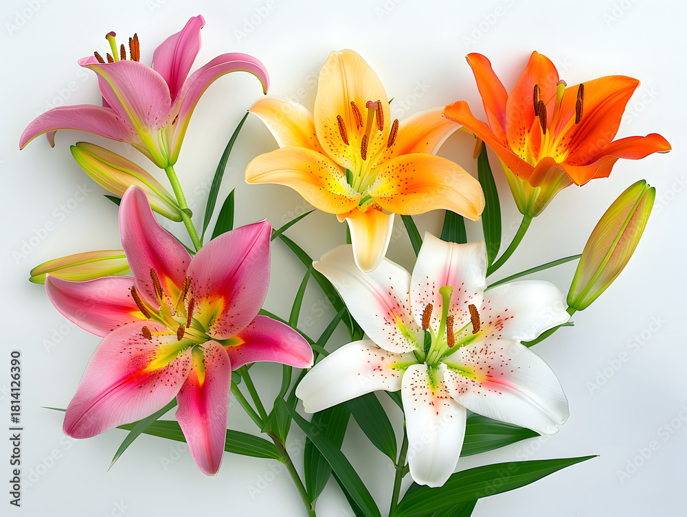 Fototapeta premium Colorful mixed lilies with pink, white, and orange blossoms arranged against a bright background