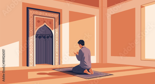 Muslim pilgrim praying inside mosque with soft minimal architecture. Ideal for worship visuals, Islamic education, prayer themes, and spiritual lifestyle designs
